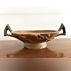 Vintage Roseville Pottery Bowl with Handles, Signed, Bushberry 412-6 USA, Orange